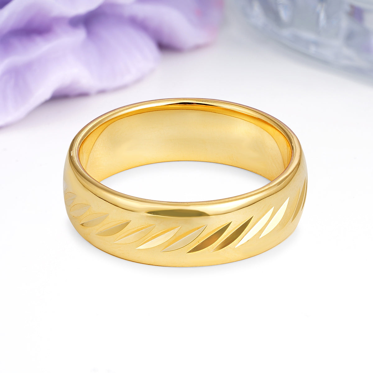 Domed Wide?Band Diagonal Laser?Cut Groove Polished Gold Wedding Ring - Additional view
