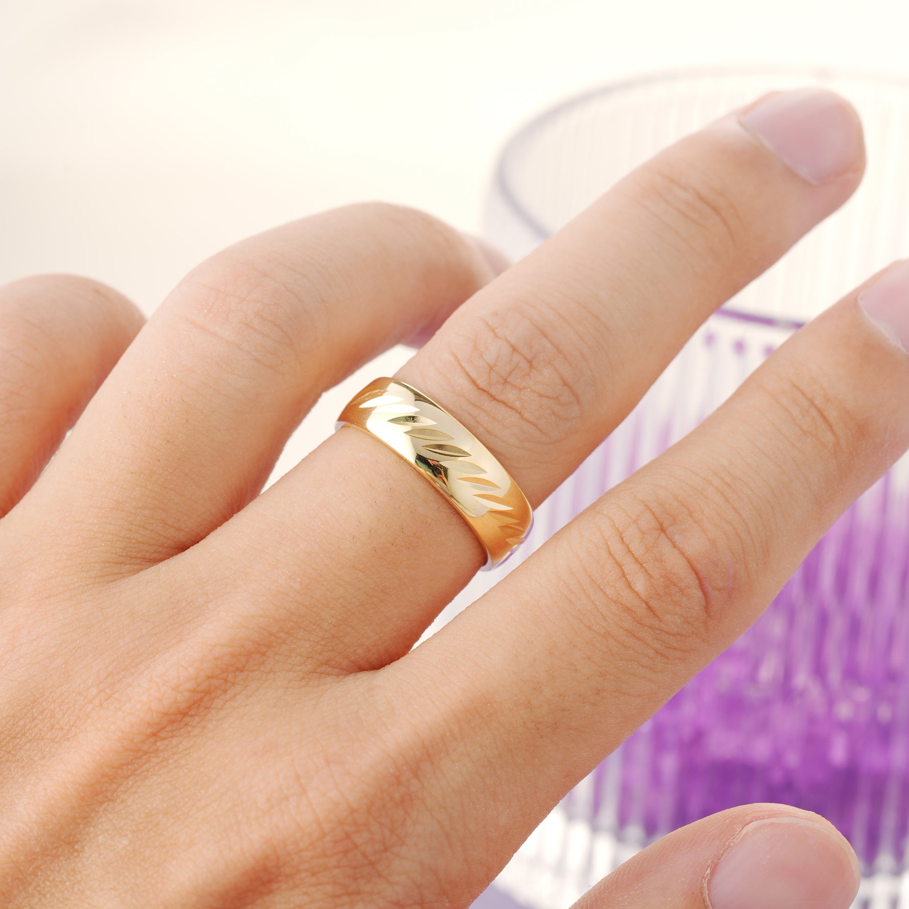Domed Wide?Band Diagonal Laser?Cut Groove Polished Gold Wedding Ring - Additional view