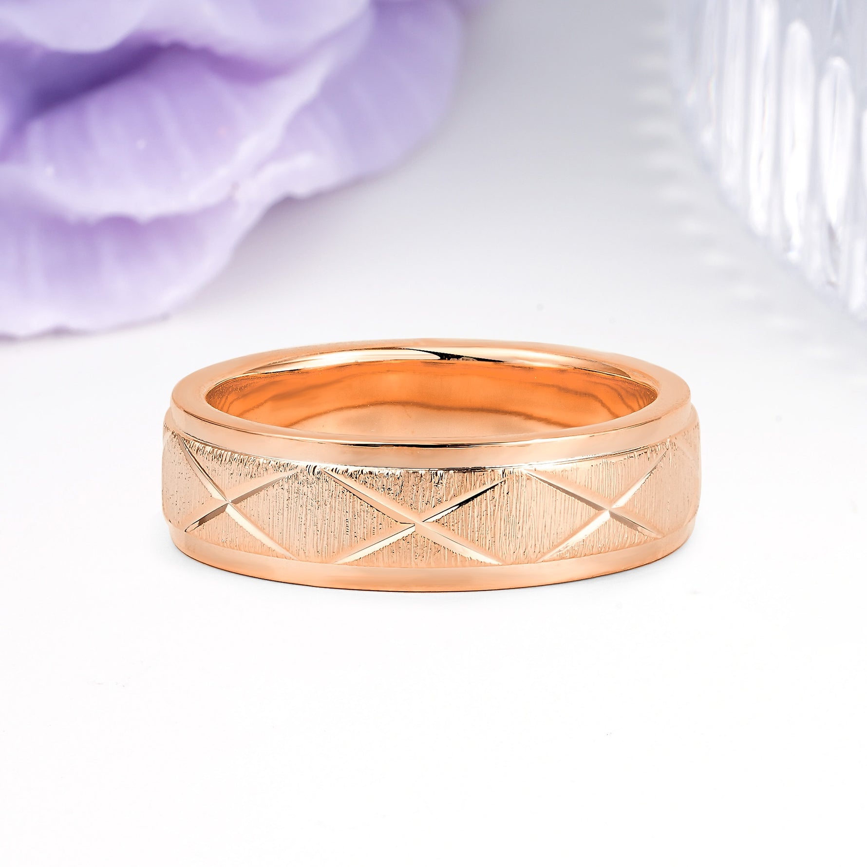 Polished?Bezel Cross?Diamond?Etched Brushed?Texture Wedding Ring - Additional view