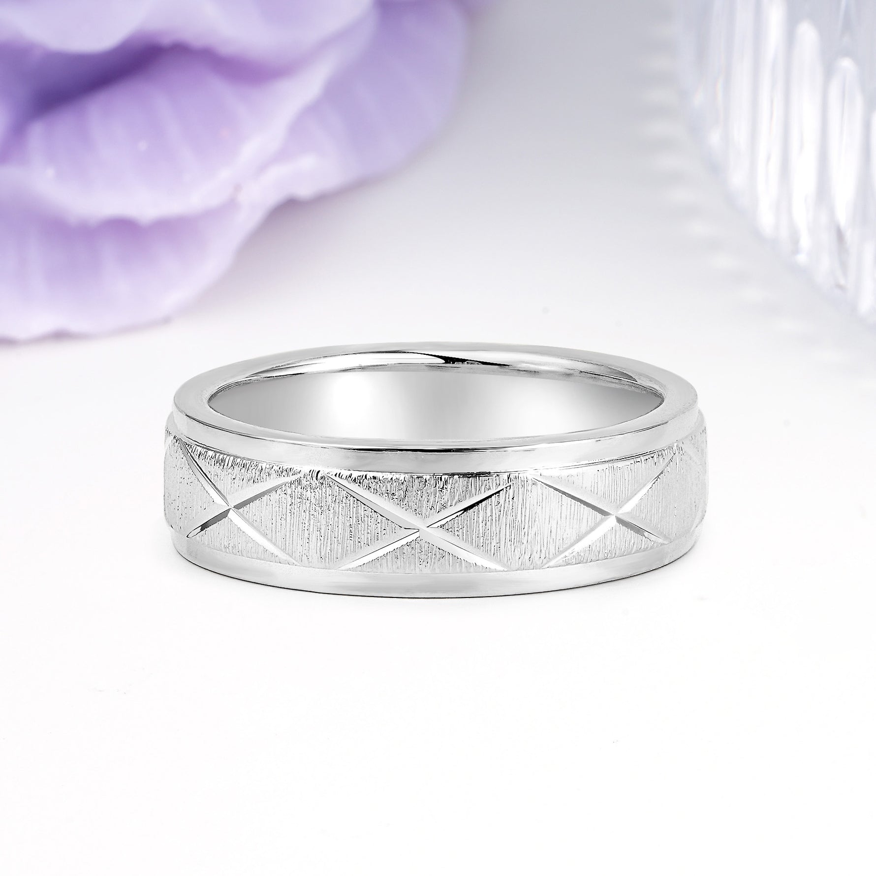 Polished?Bezel Cross?Diamond?Etched Brushed?Texture Wedding Ring - Additional view