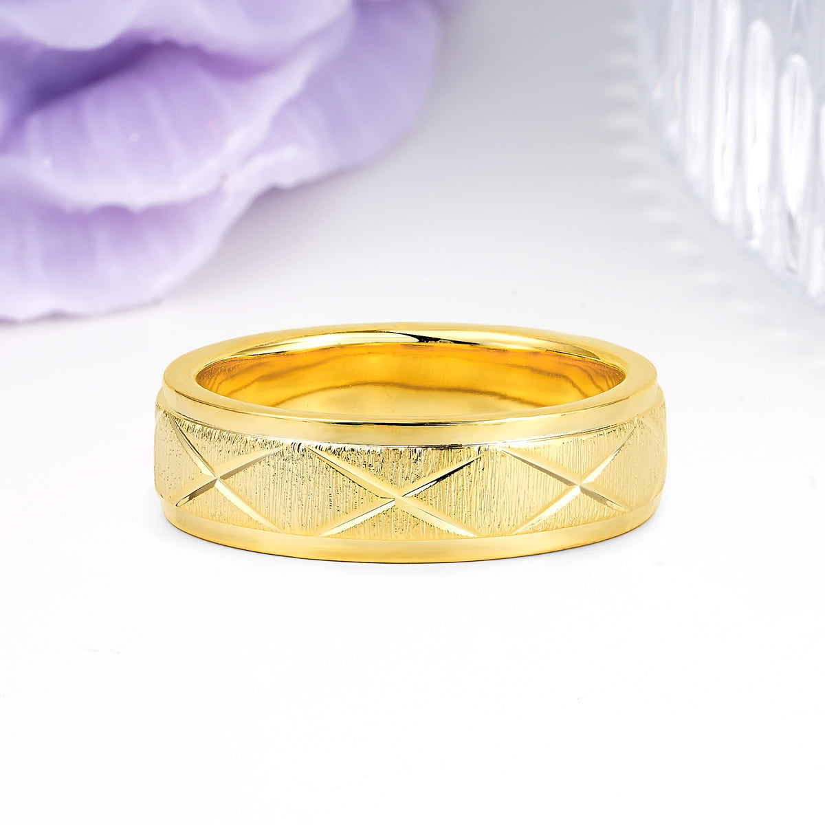 Polished?Bezel Cross?Diamond?Etched Brushed?Texture Wedding Ring - Additional view