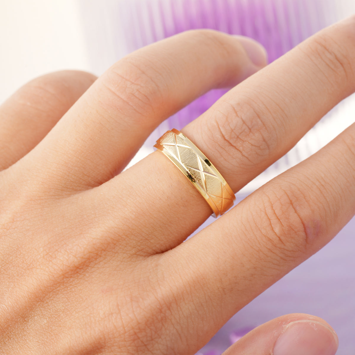 Polished?Bezel Cross?Diamond?Etched Brushed?Texture Wedding Ring - Additional view