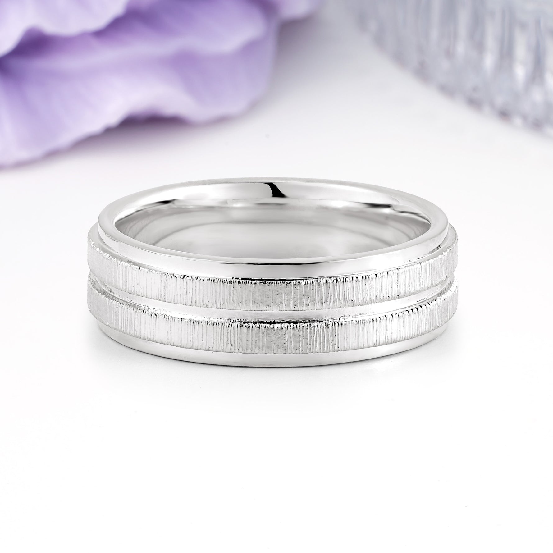 Double-Row Textured Brushed High-Shine Gold Plain Wedding Ring - Additional view