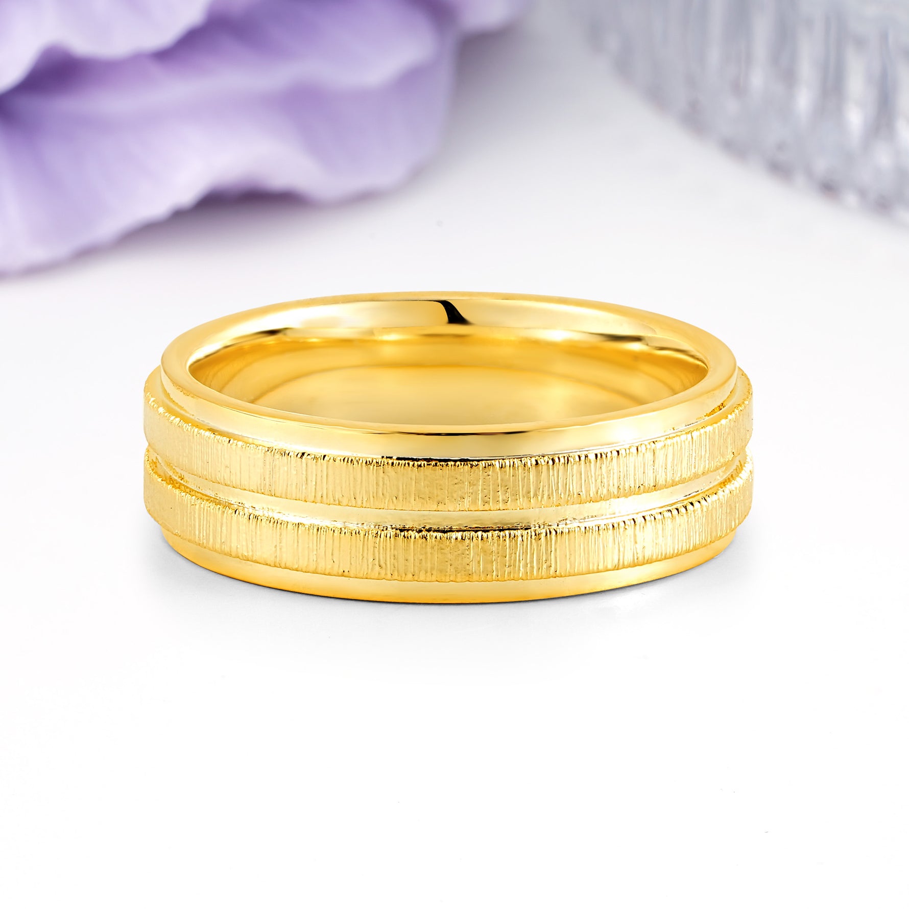 Double-Row Textured Brushed High-Shine Gold Plain Wedding Ring - Additional view