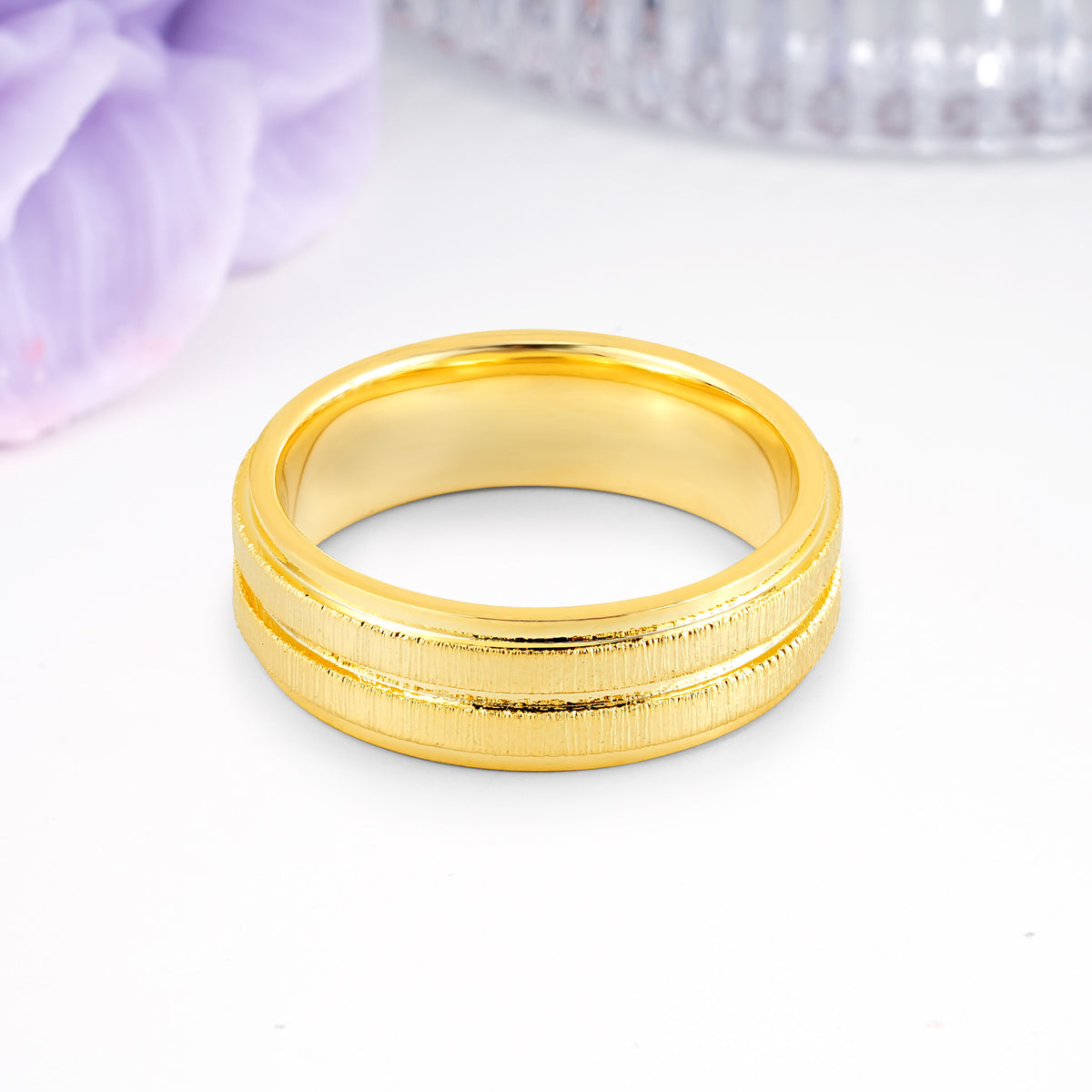 Double-Row Textured Brushed High-Shine Gold Plain Wedding Ring - Additional view