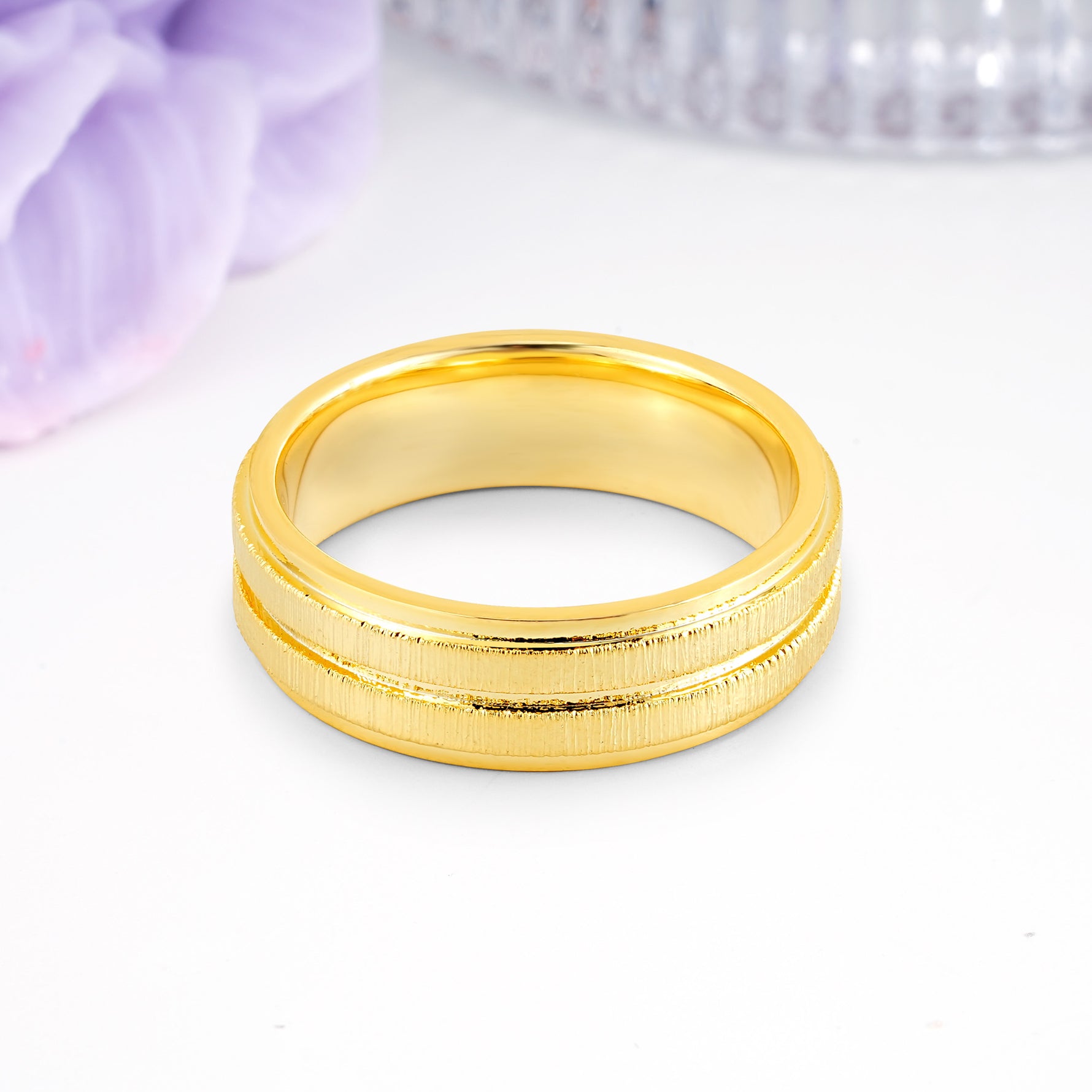 Double-Row Textured Brushed High-Shine Gold Plain Wedding Ring - Additional view