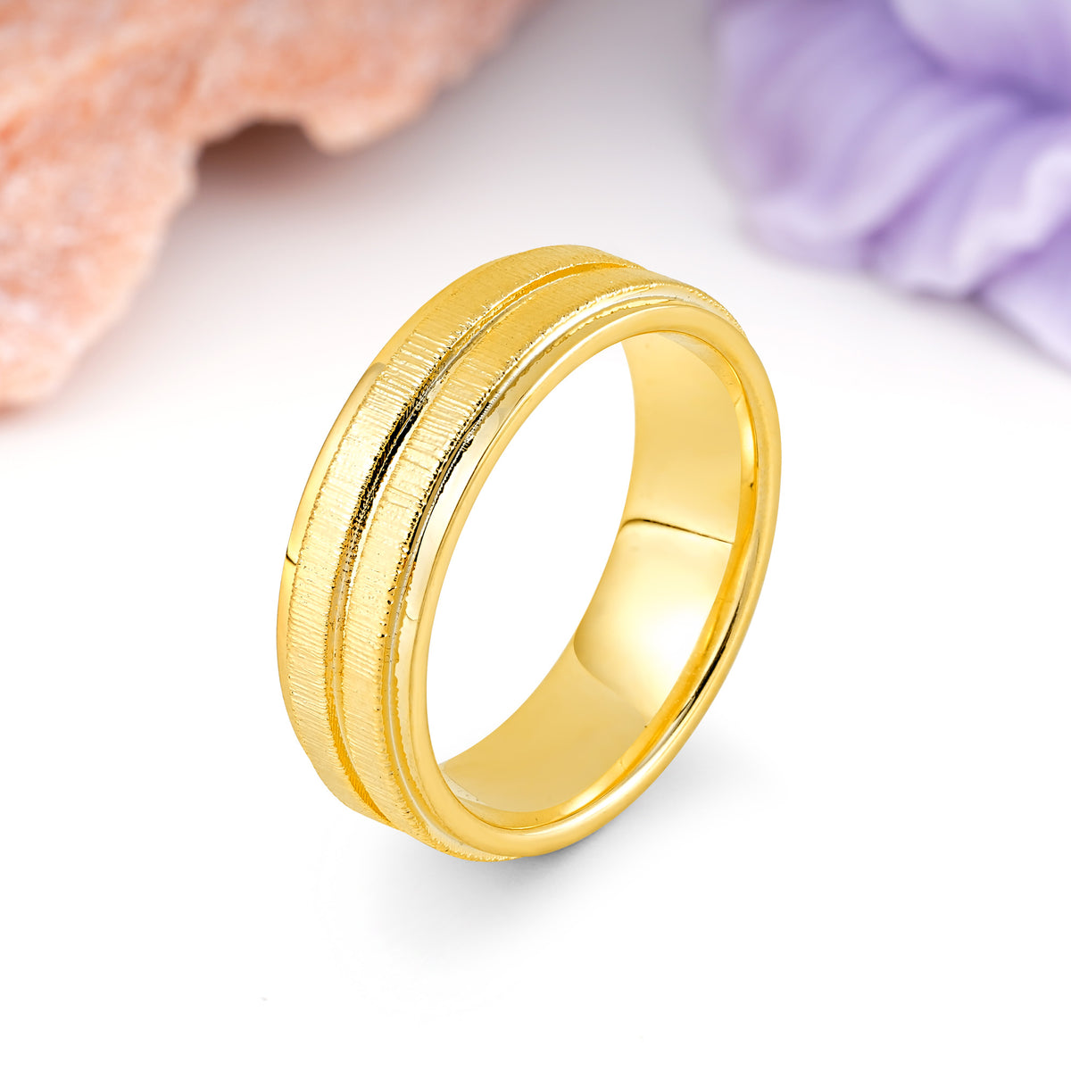 Double-Row Textured Brushed High-Shine Gold Plain Wedding Ring - Additional view