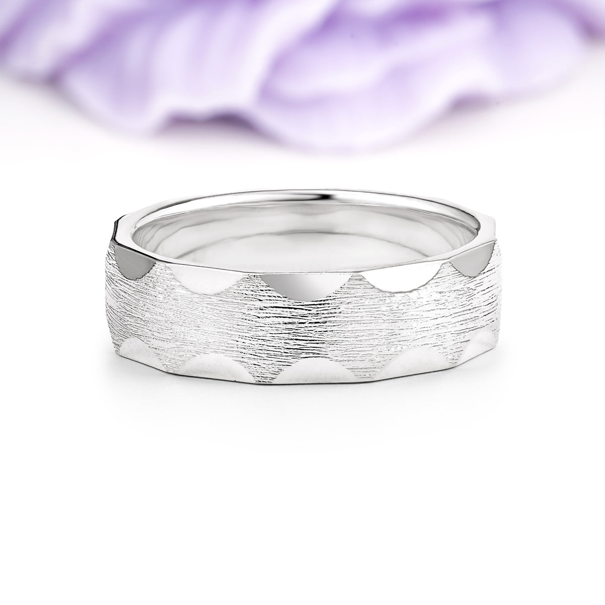 Scalloped?Edge Brushed?Texture Wide Comfort?Fit Wedding Ring - Additional view