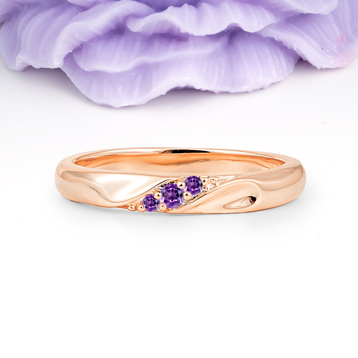 Distinctive Classic Round Cut Amethyst Three Stone Wedding Ring - Additional view