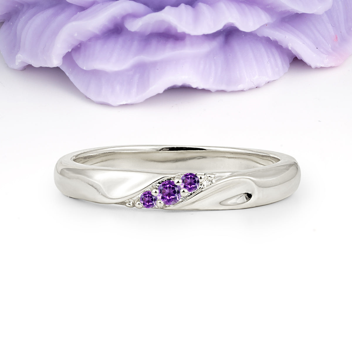 Distinctive Classic Round Cut Amethyst Three Stone Wedding Ring - Additional view