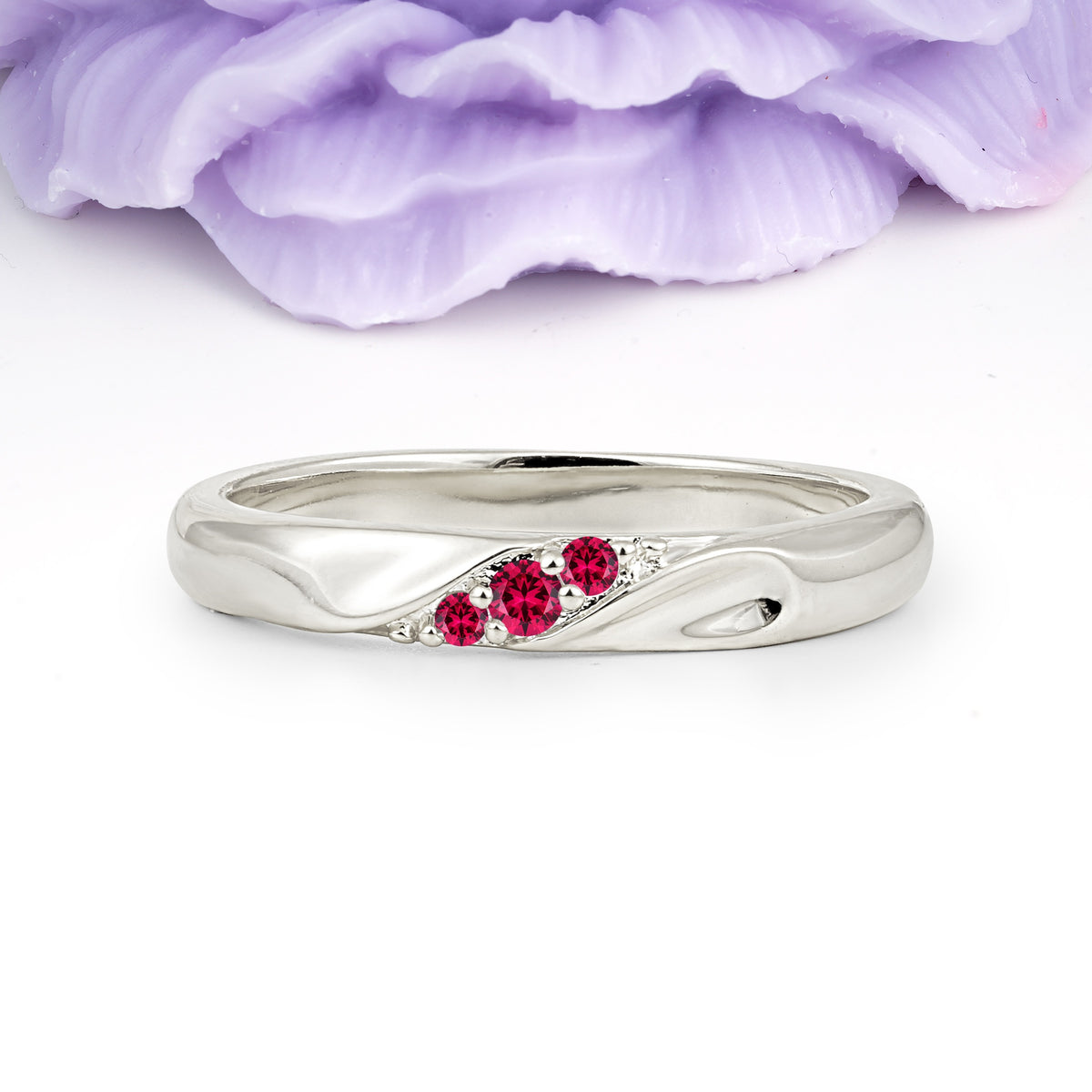 Distinctive Classic Round Cut Ruby Three Stone Wedding Ring - Additional view