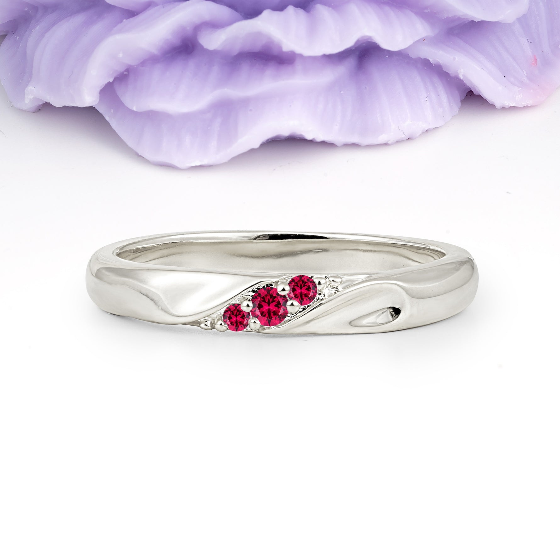 Distinctive Classic Round Cut Ruby Three Stone Wedding Ring - Additional view