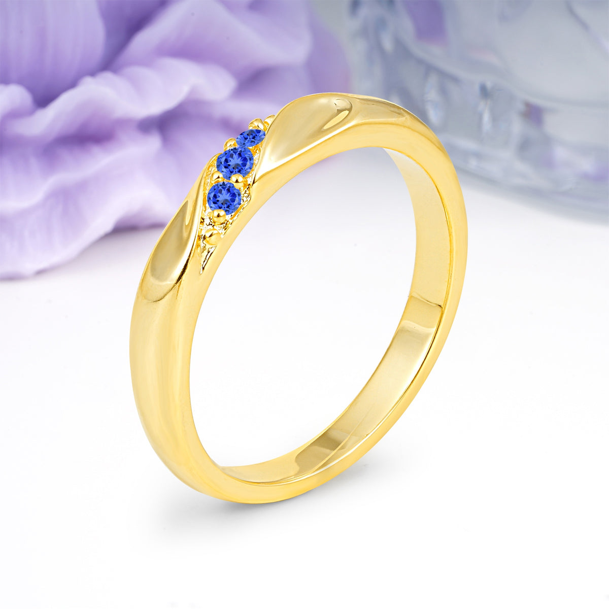 Distinctive Classic Round Cut Sapphire Three Stone Wedding Ring - Additional view