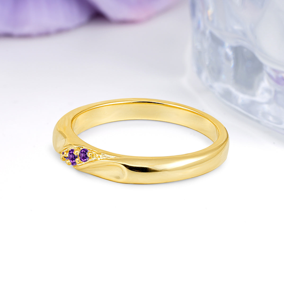 Distinctive Classic Round Cut Amethyst Three Stone Wedding Ring - Additional view