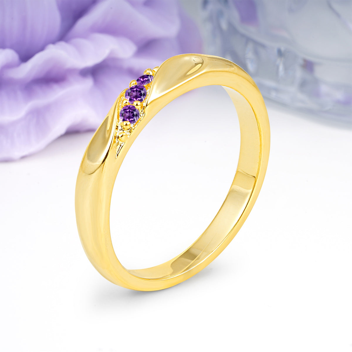 Distinctive Classic Round Cut Amethyst Three Stone Wedding Ring - Additional view