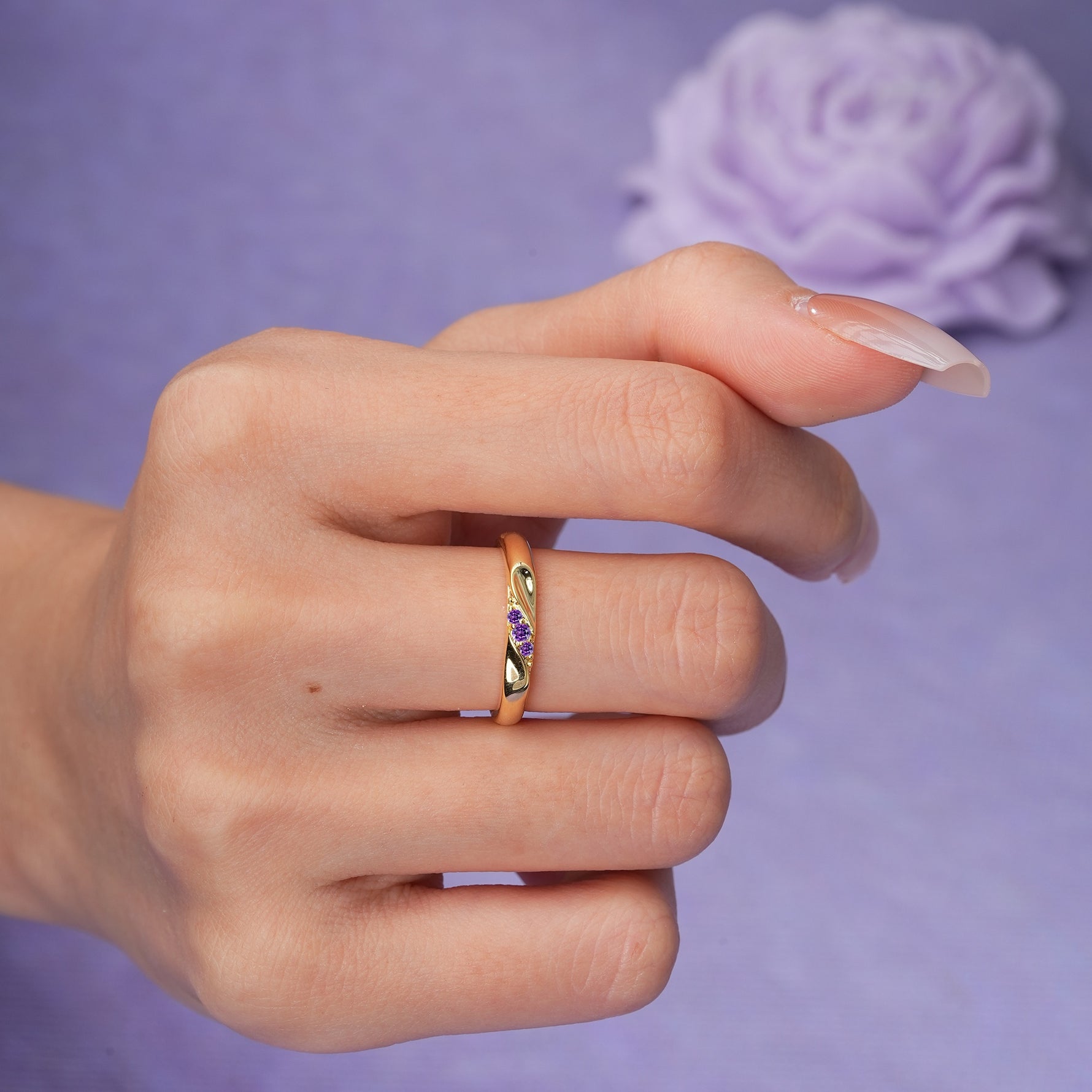 Distinctive Classic Round Cut Amethyst Three Stone Wedding Ring - Additional view