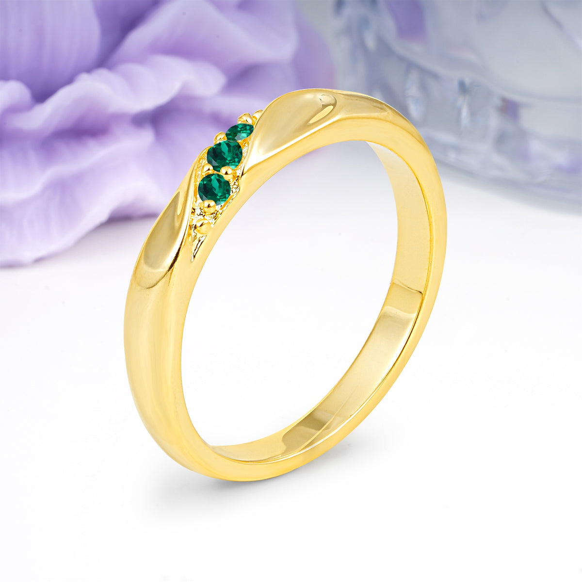 Distinctive Classic Round Cut Emerald Three Stone Wedding Ring - Additional view