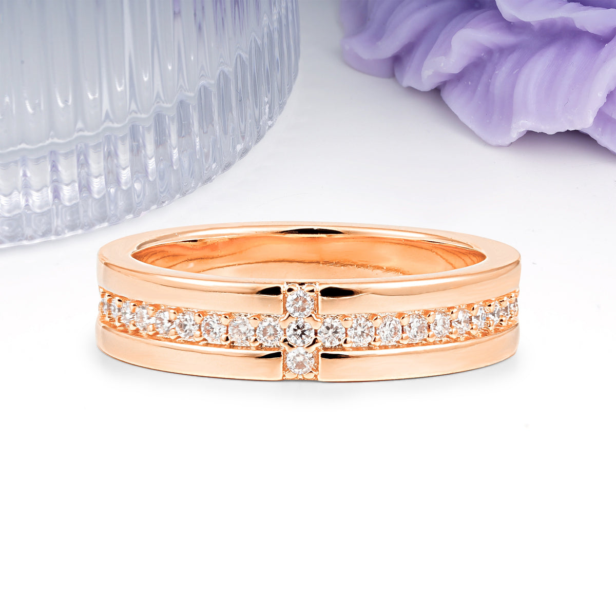 Wide Comfort Fit Cross Four Stone Center Double Row Pave Moissanite Wedding Ring - Additional view
