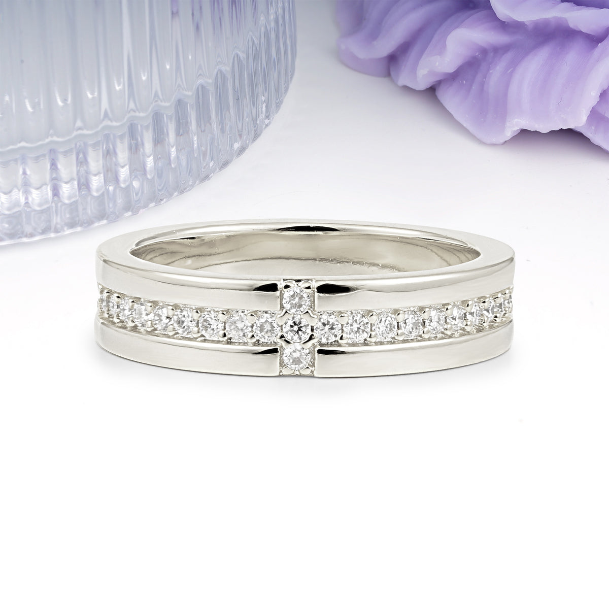 Wide Comfort Fit Cross Four Stone Center Double Row Pave Moissanite Wedding Ring - Additional view