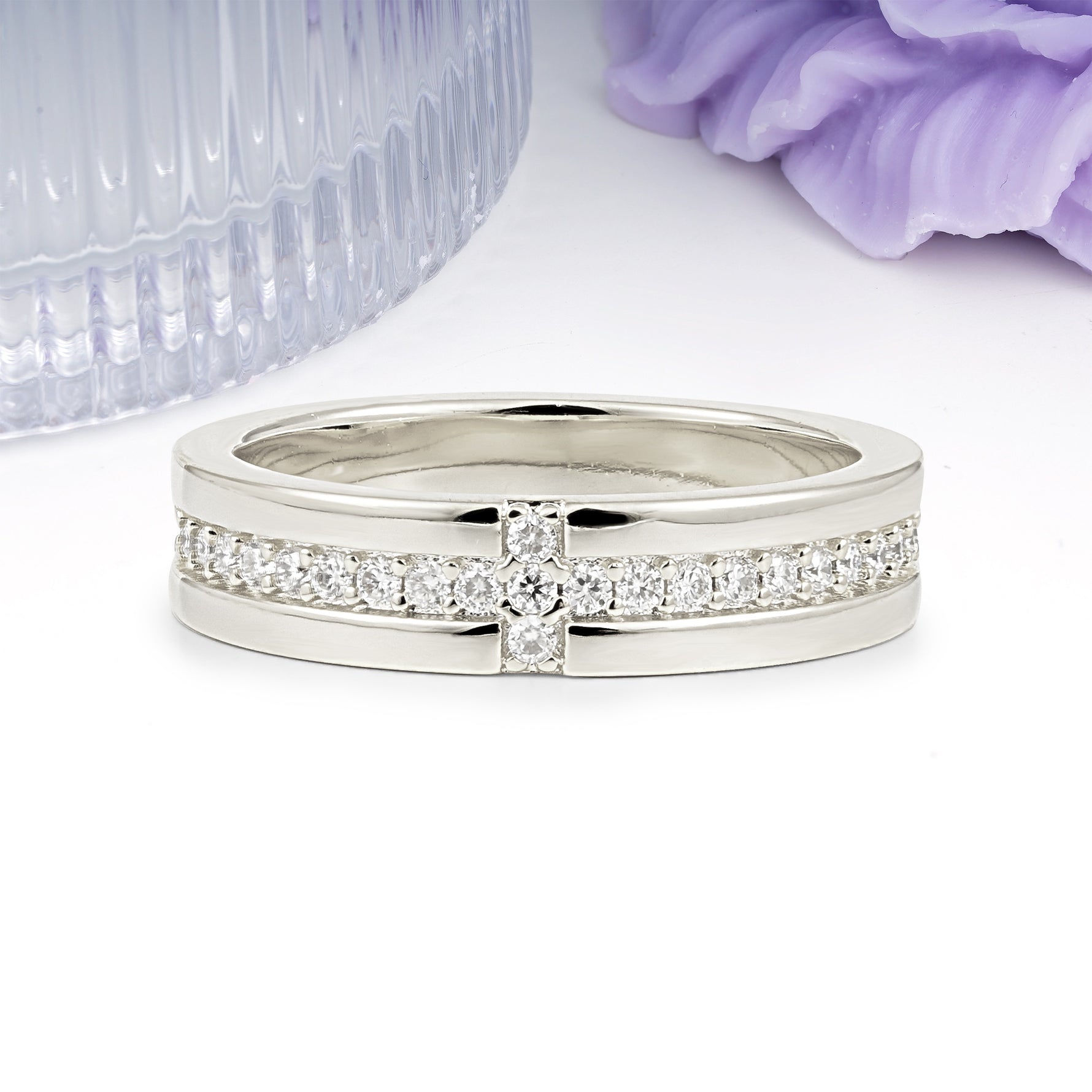Wide Comfort Fit Cross Four Stone Center Double Row Pave Moissanite Wedding Ring - Additional view