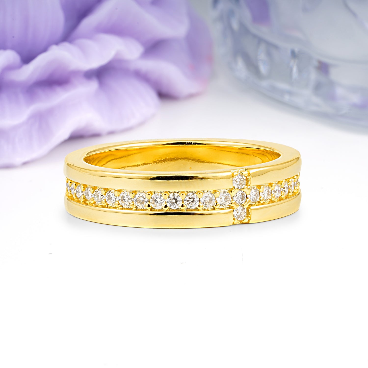 Wide Comfort Fit Cross Four Stone Center Double Row Pave Moissanite Wedding Ring
