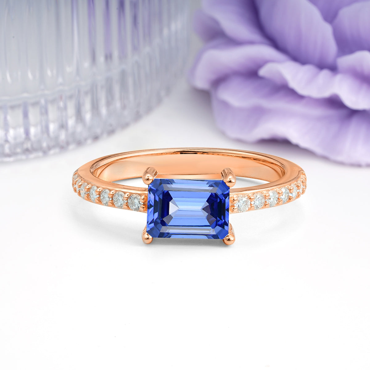 Distinctive And Luxurious 4-Prong Emerald Cut Sapphire Engagement Rin - Additional view