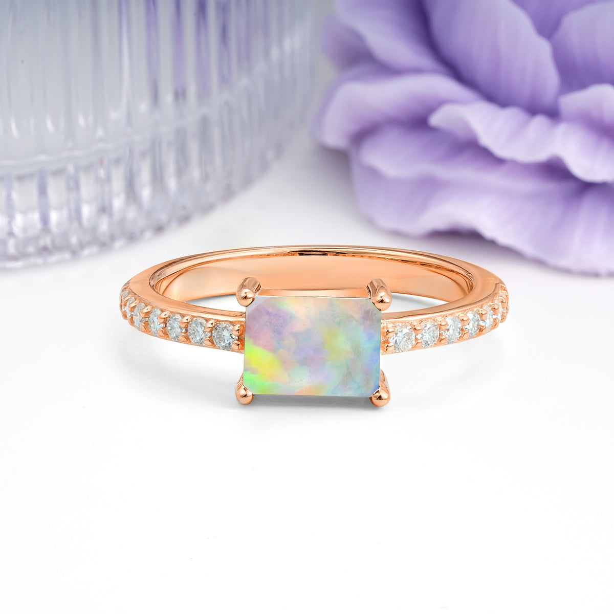 Distinctive And Luxurious 4-Prong Emerald Cut Fire Opal Engagement Rin - Additional view