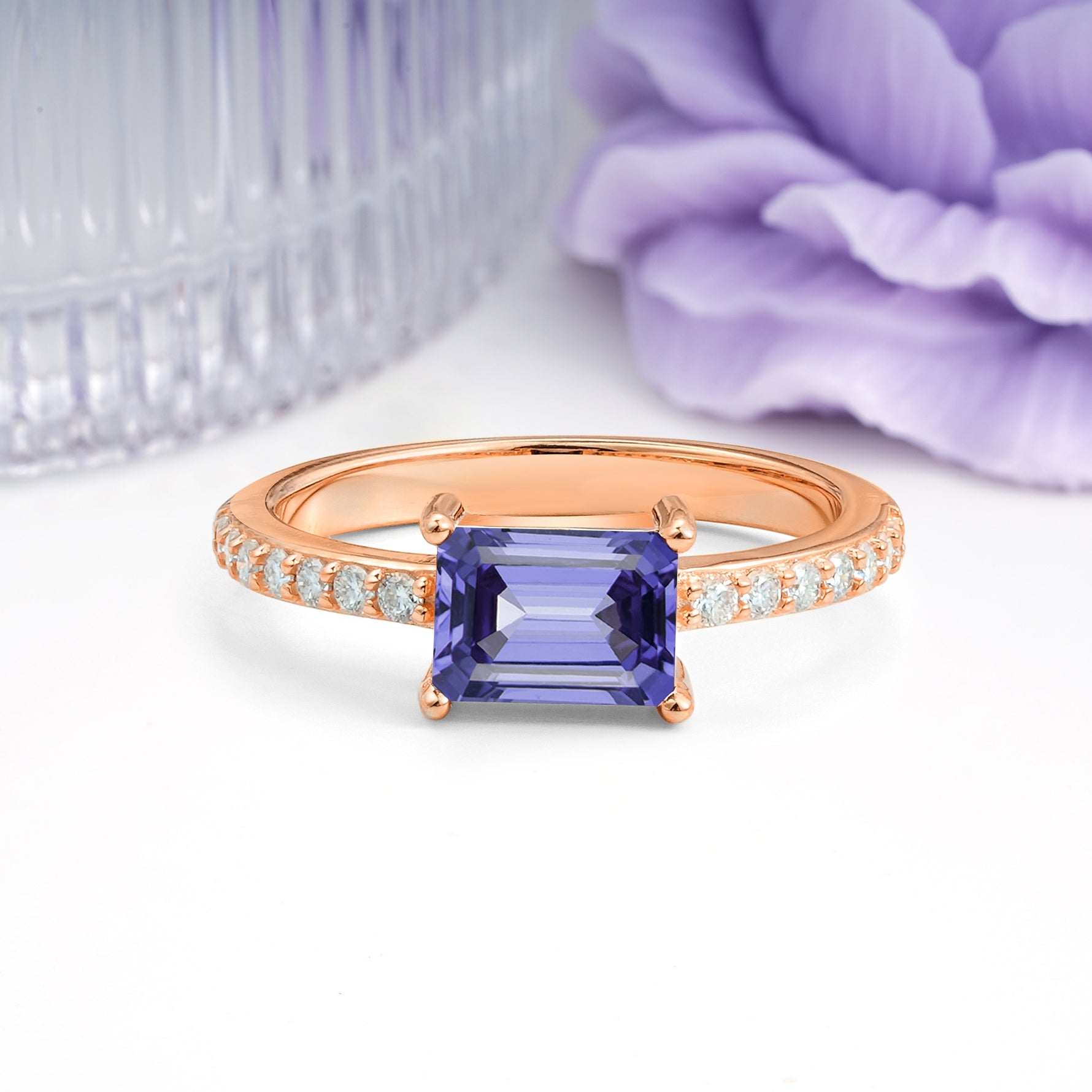 Distinctive And Luxurious 4-Prong Emerald Cut Tanzanite Engagement Rin - Additional view