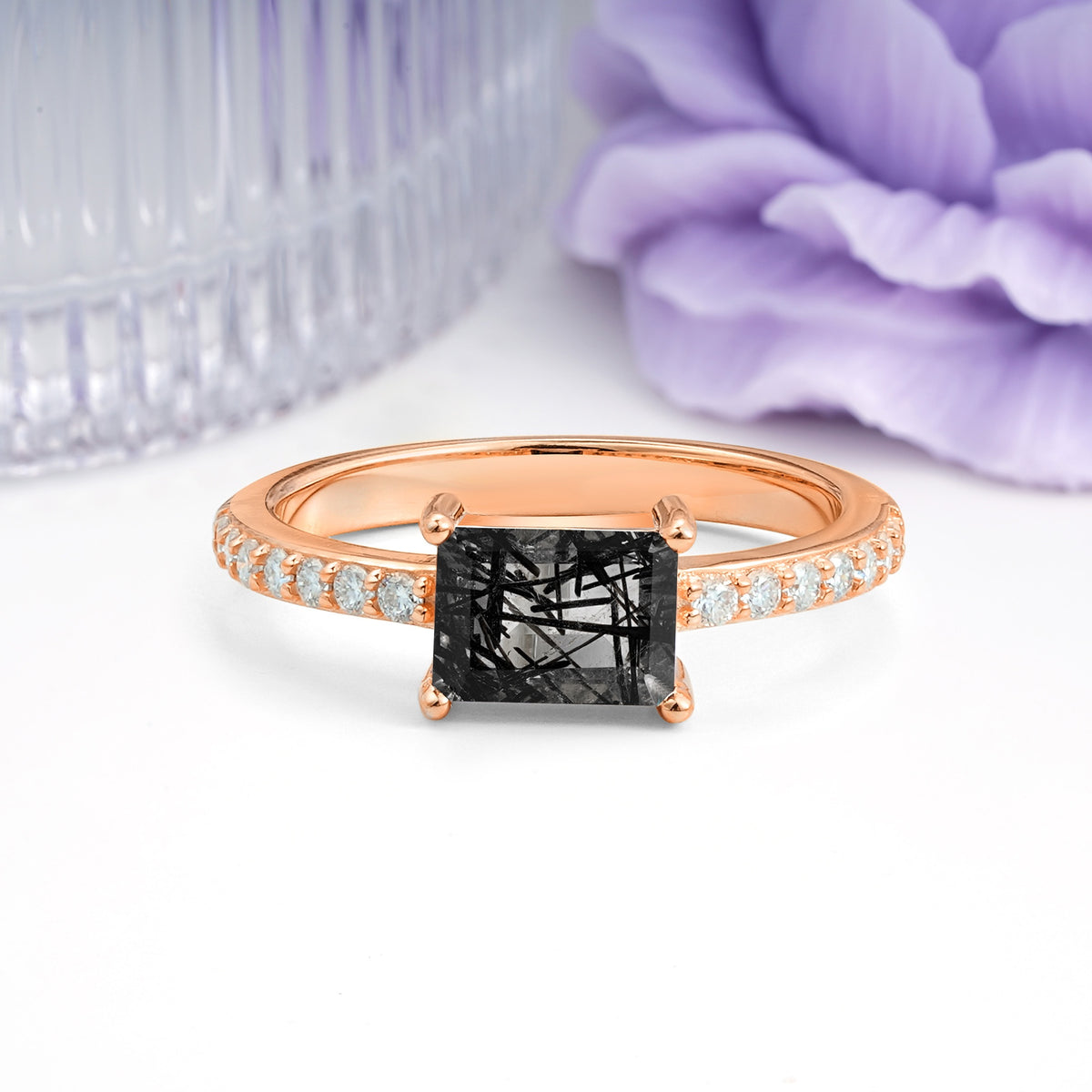 Distinctive And Luxurious 4-Prong Emerald Cut Black Rutilated Quartz Engagement Rin - Additional view
