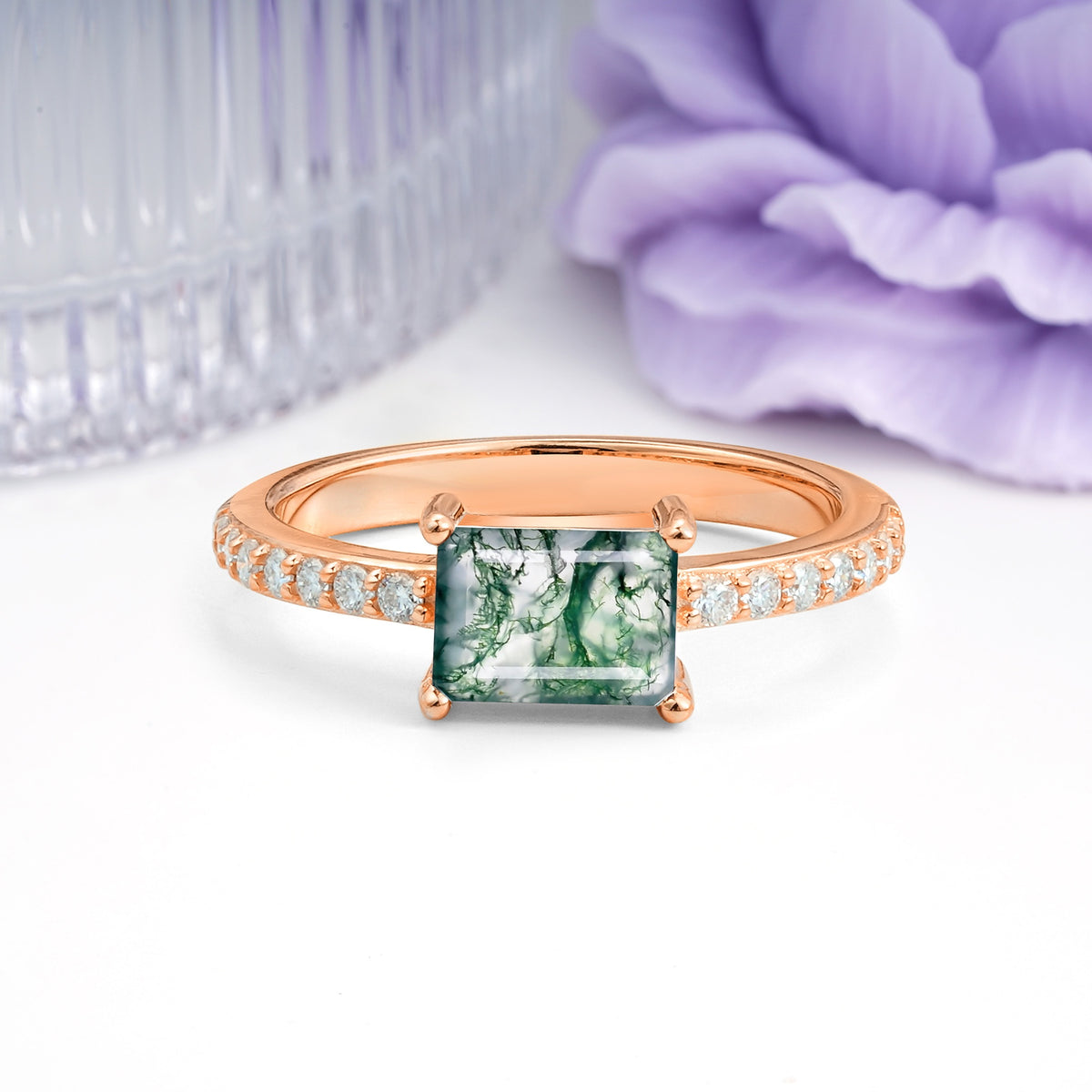 Distinctive And Luxurious 4-Prong Emerald Cut Moss Agate Engagement Rin - Additional view