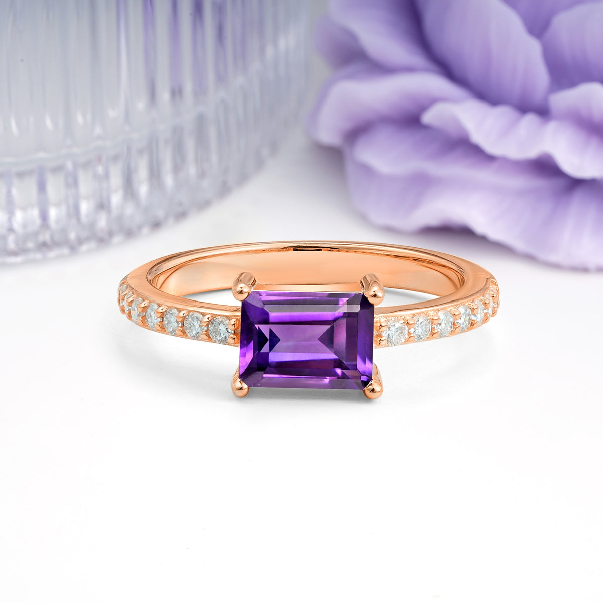 Distinctive And Luxurious 4-Prong Emerald Cut Amethyst Engagement Rin - Additional view