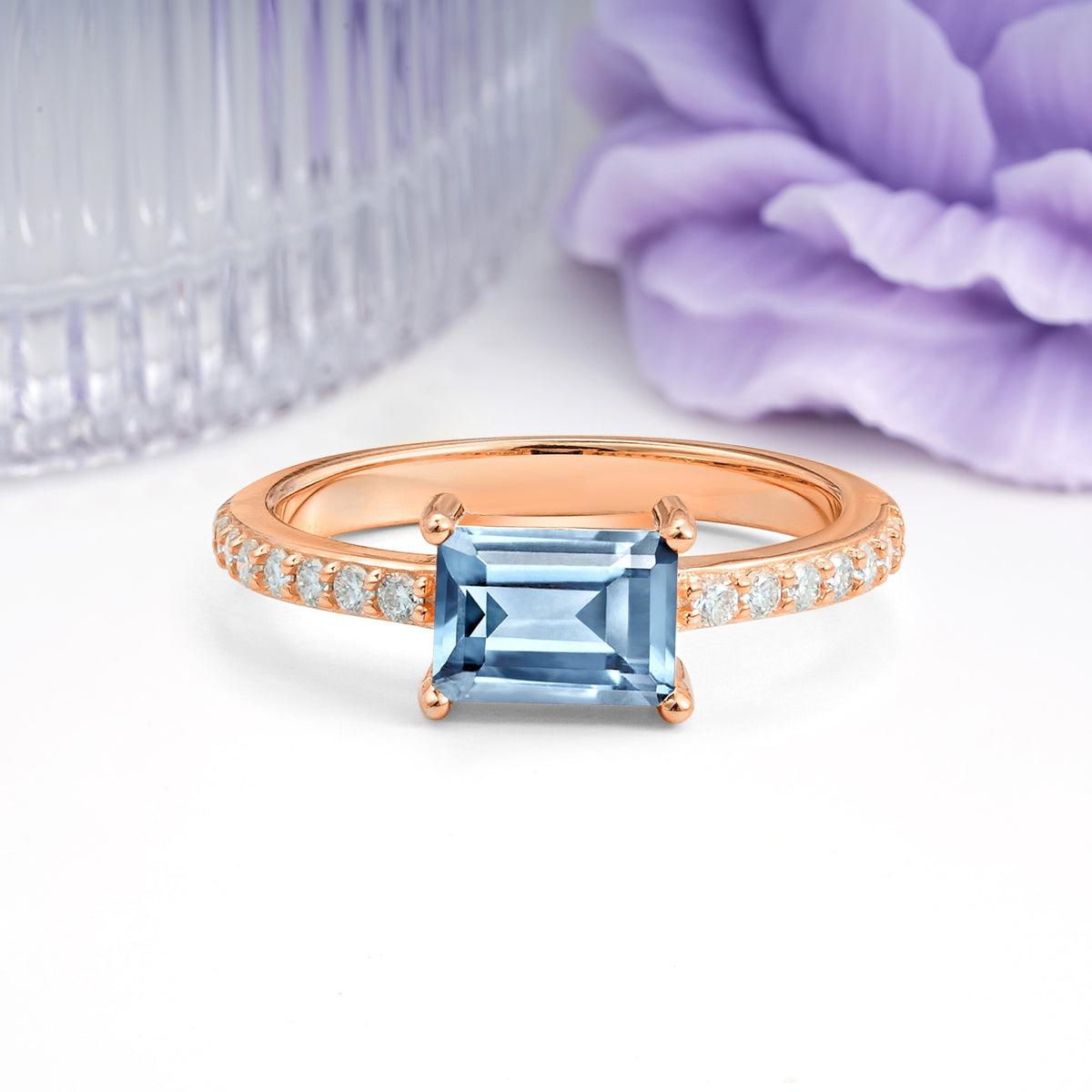 Distinctive And Luxurious 4-Prong Emerald Cut Aquamarine Engagement Rin - Additional view