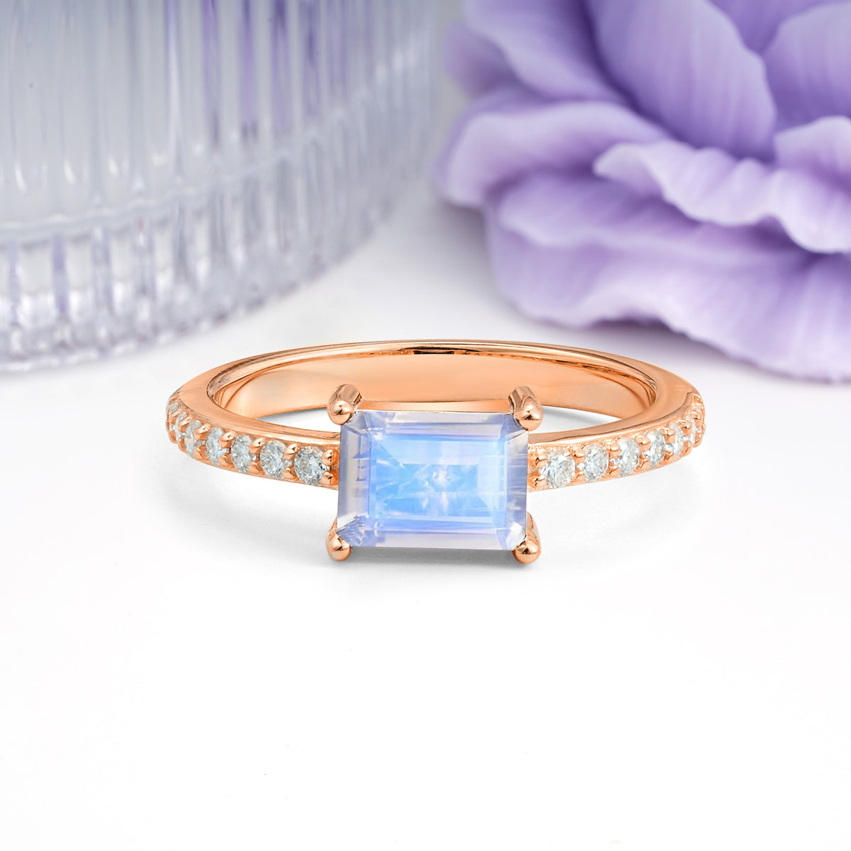 Distinctive And Luxurious 4-Prong Emerald Cut Moonstone Engagement Rin - Additional view