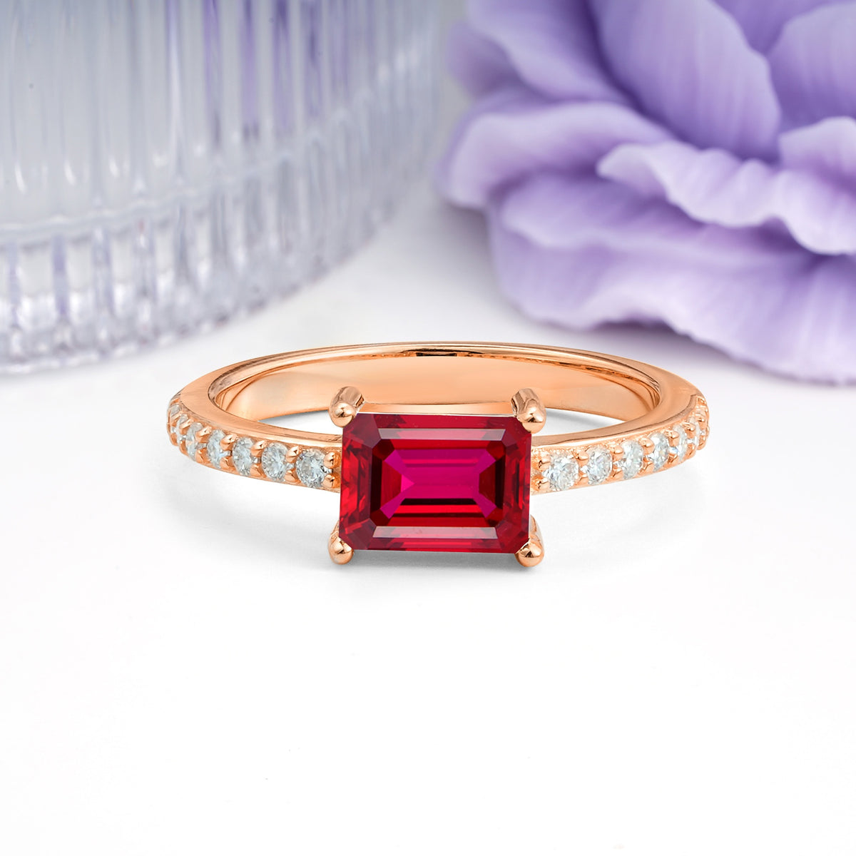 Distinctive And Luxurious 4-Prong Emerald Cut Ruby Engagement Rin - Additional view