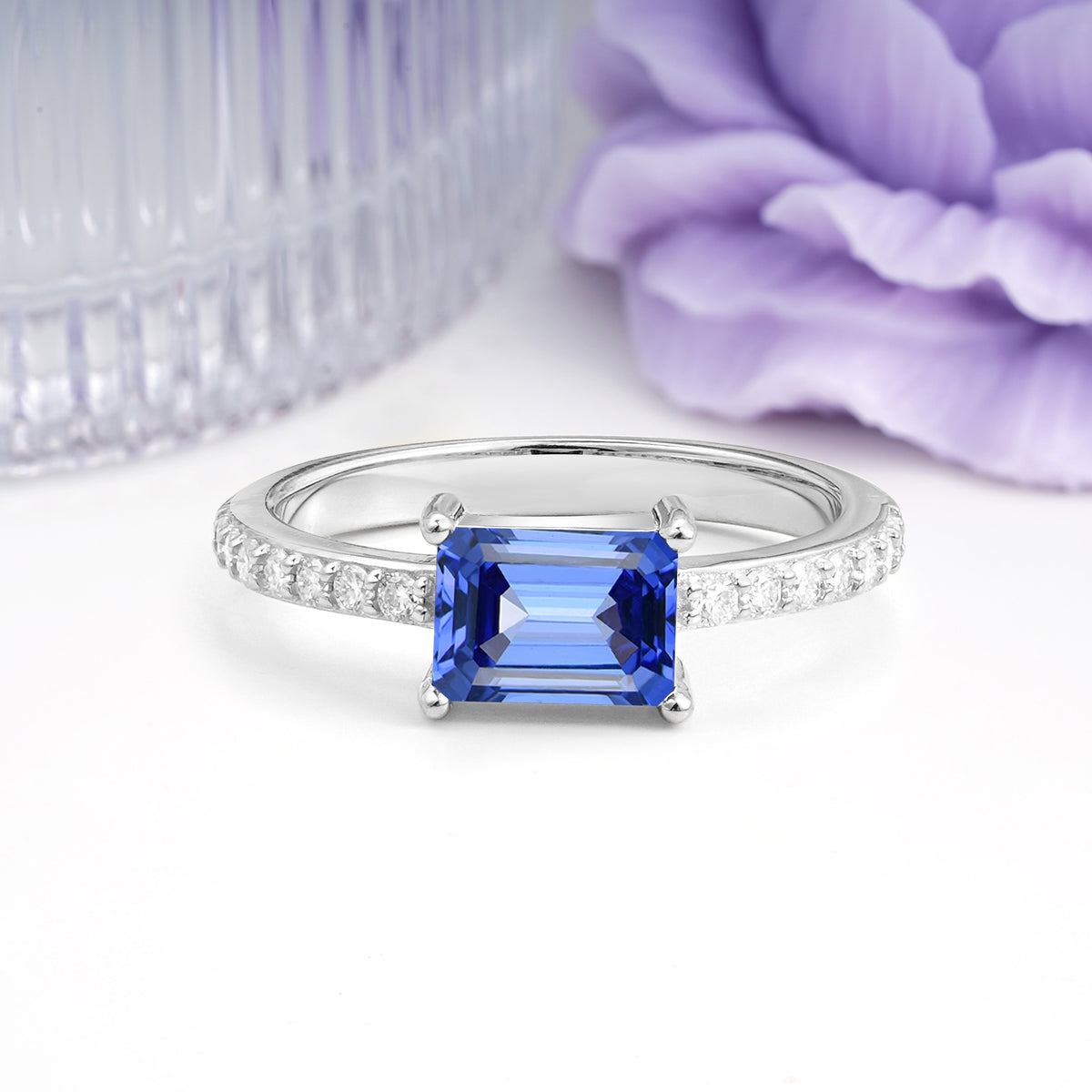 Distinctive And Luxurious 4-Prong Emerald Cut Sapphire Engagement Rin - Additional view