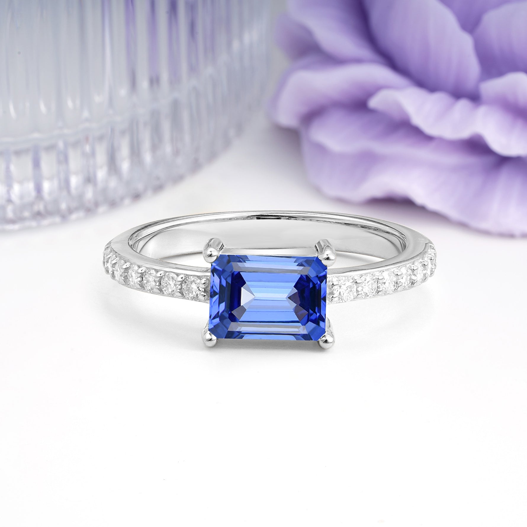 Distinctive And Luxurious 4-Prong Emerald Cut Sapphire Engagement Rin - Additional view