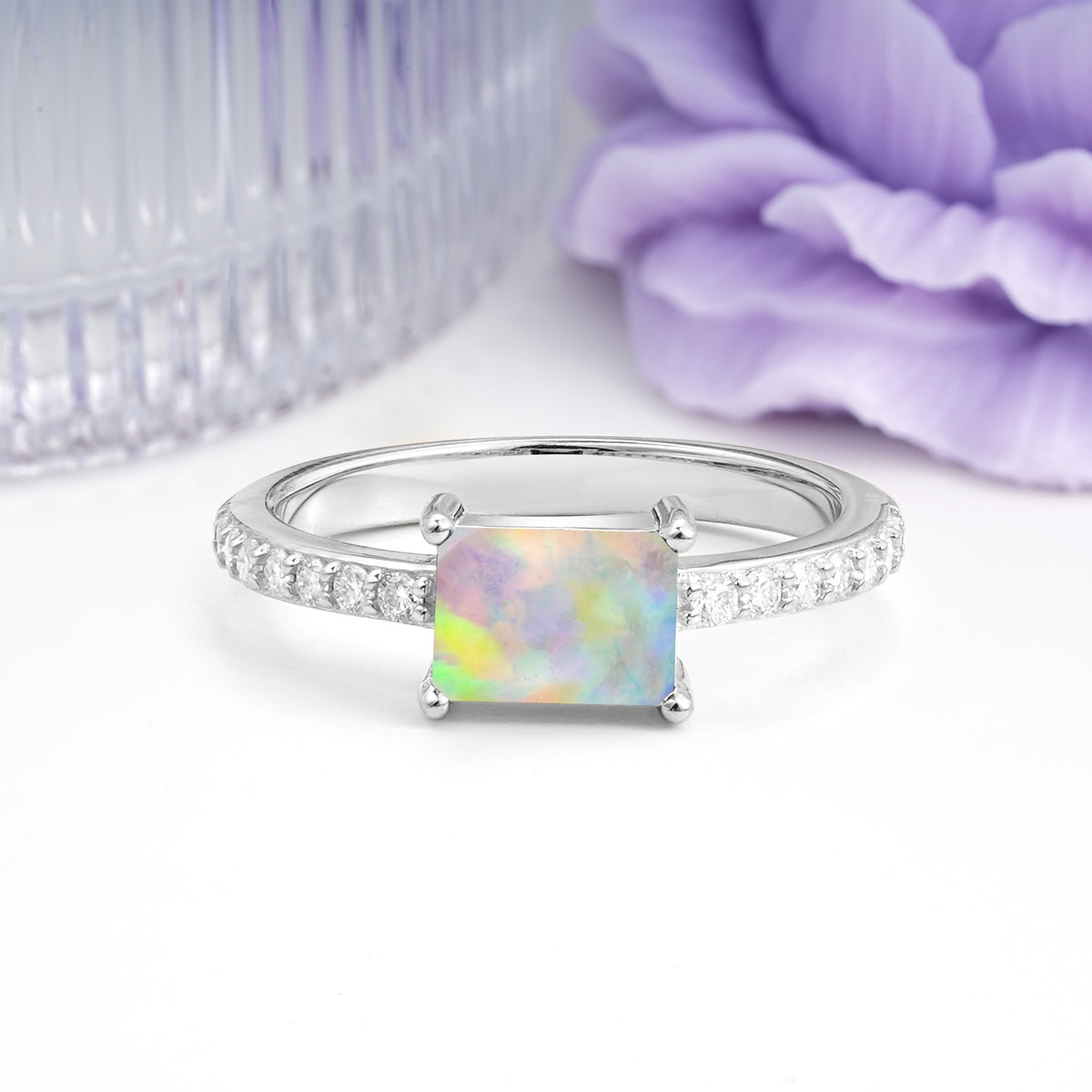 Distinctive And Luxurious 4-Prong Emerald Cut Fire Opal Engagement Rin - Additional view