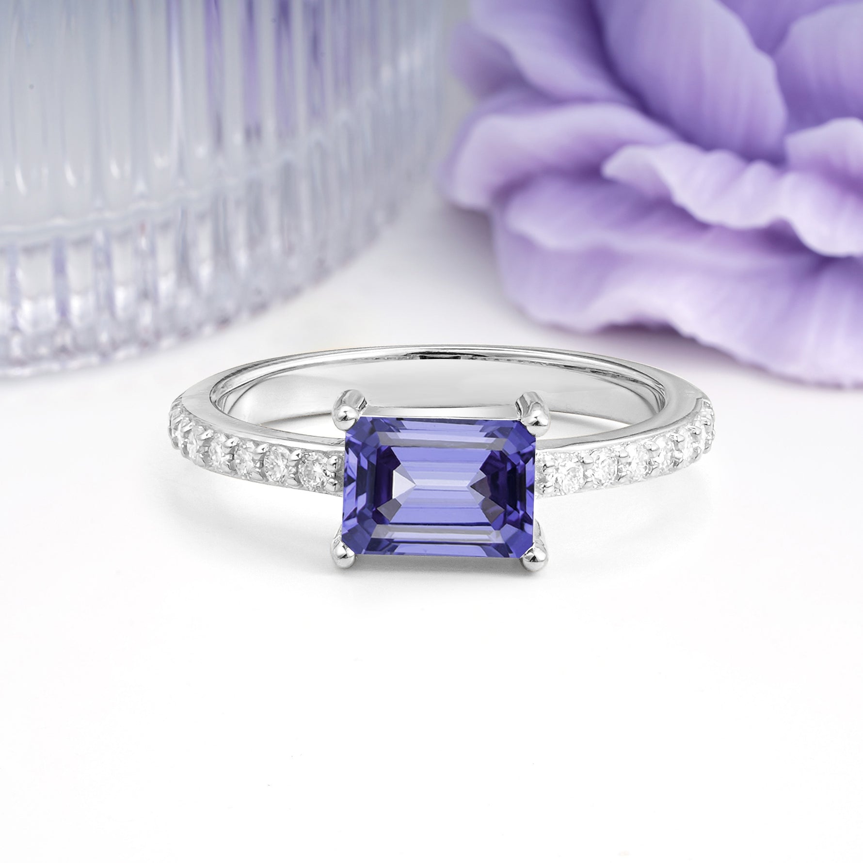 Distinctive And Luxurious 4-Prong Emerald Cut Tanzanite Engagement Rin - Additional view