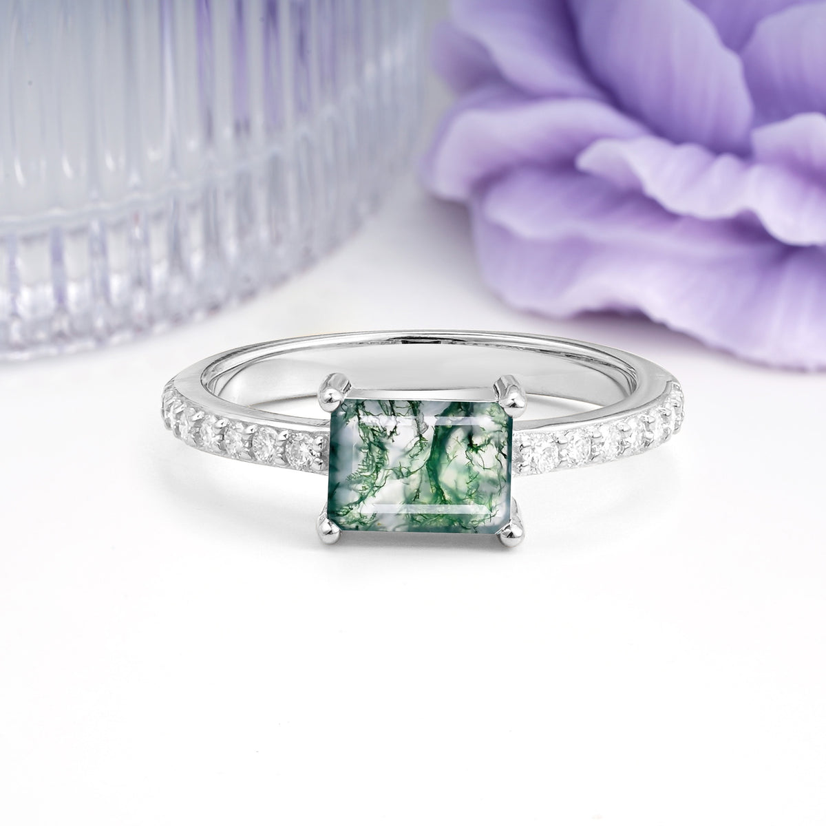 Distinctive And Luxurious 4-Prong Emerald Cut Moss Agate Engagement Rin - Additional view