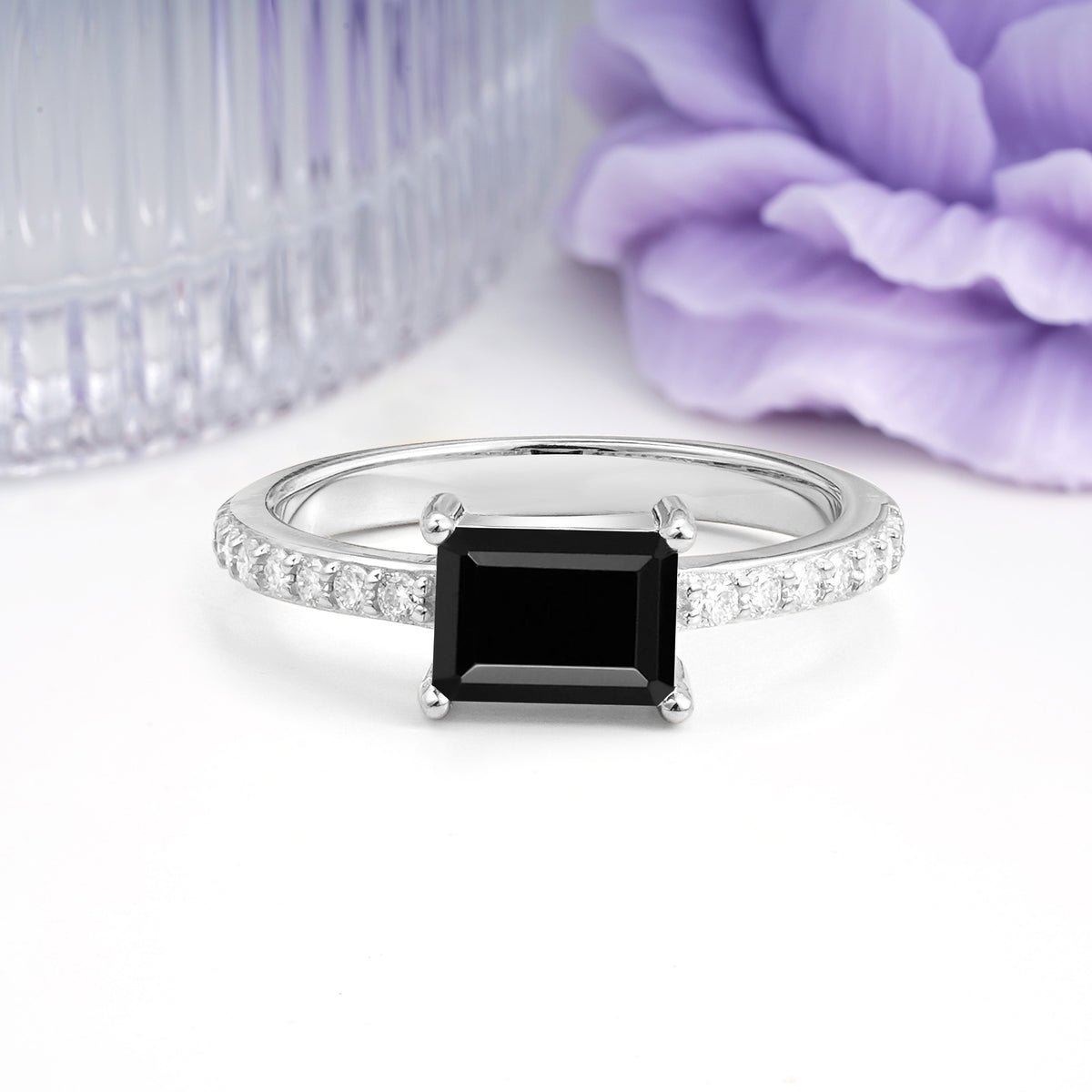 Distinctive And Luxurious 4-Prong Emerald Cut Black Onyx Engagement Rin - Additional view