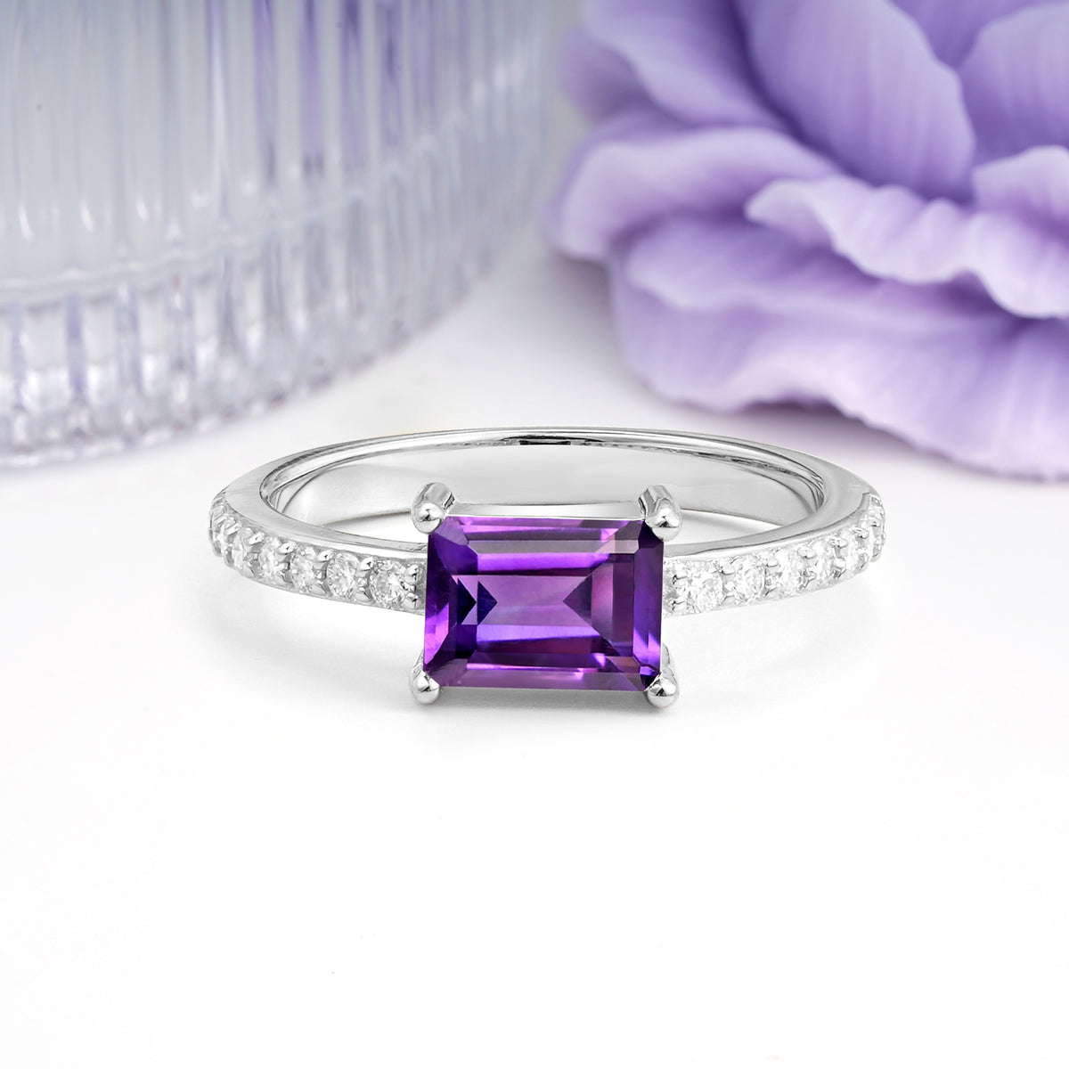 Distinctive And Luxurious 4-Prong Emerald Cut Amethyst Engagement Rin - Additional view