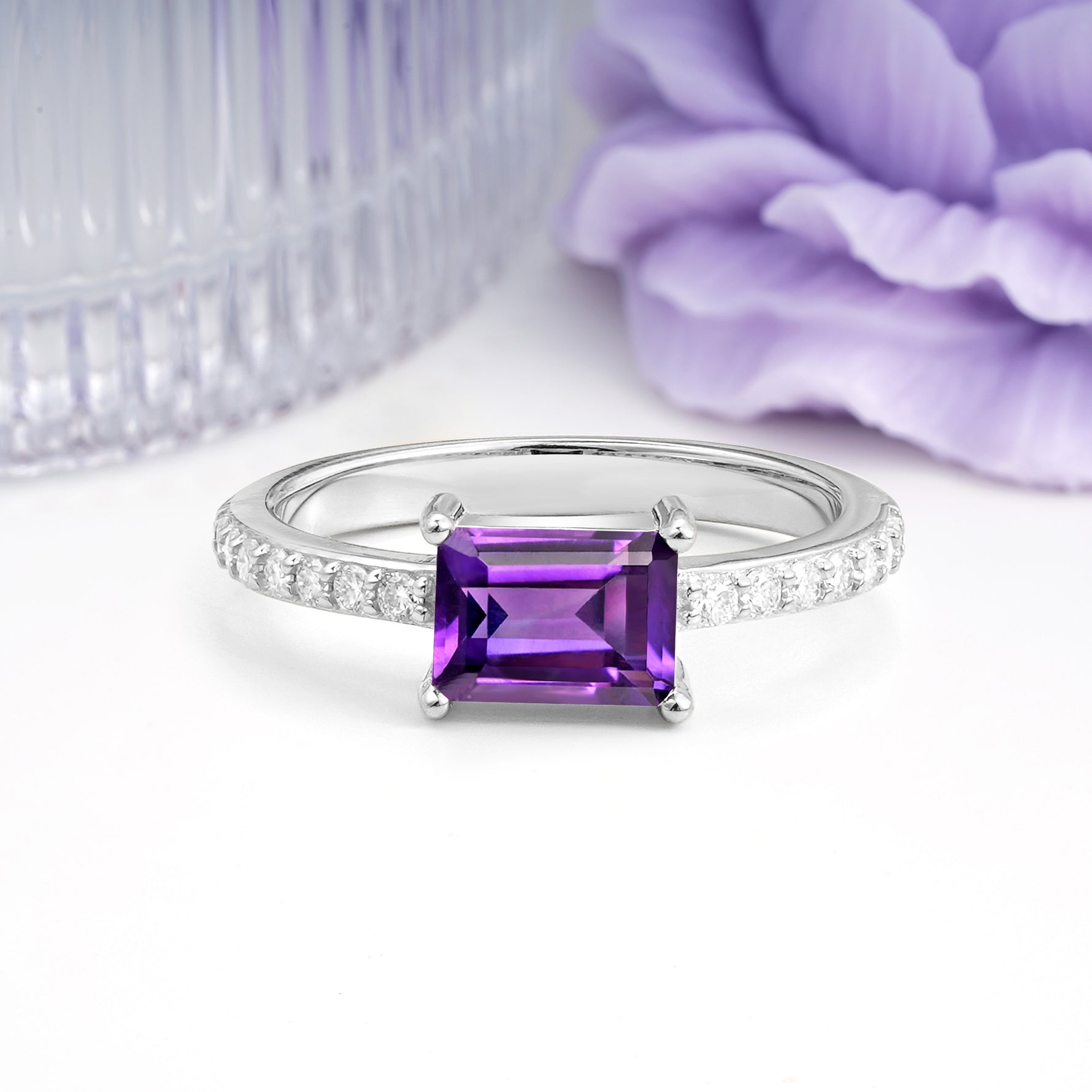 Distinctive And Luxurious 4-Prong Emerald Cut Amethyst Engagement Rin - Additional view
