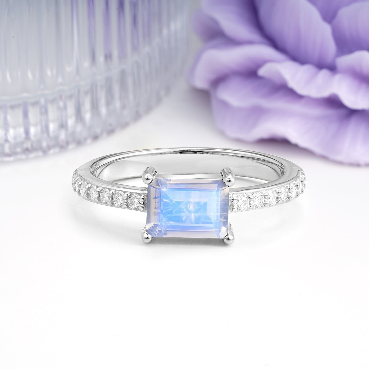 Distinctive And Luxurious 4-Prong Emerald Cut Moonstone Engagement Rin - Additional view