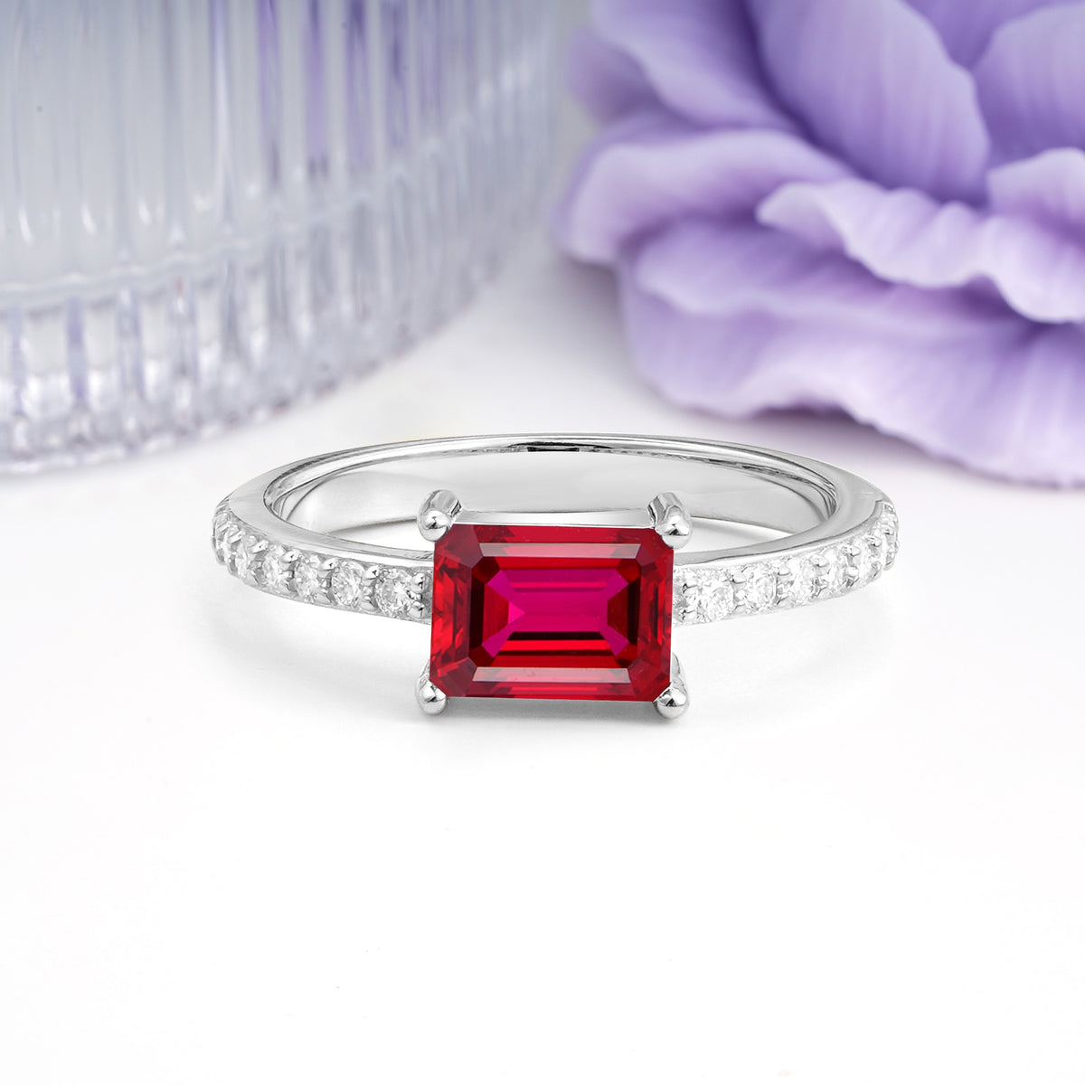 Distinctive And Luxurious 4-Prong Emerald Cut Ruby Engagement Rin - Additional view