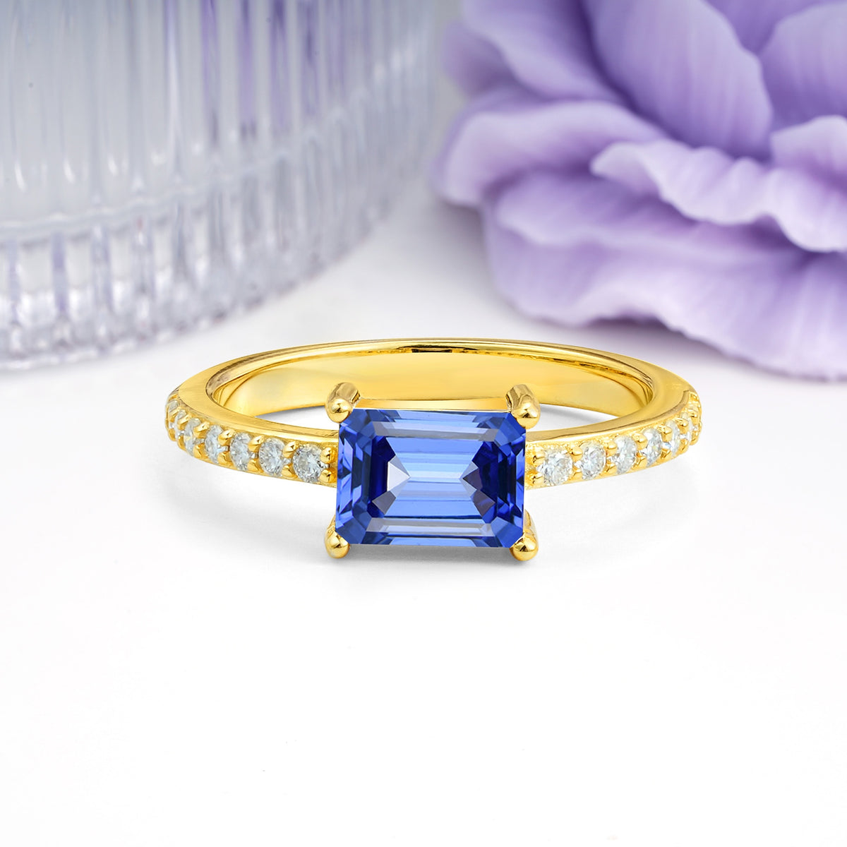 Distinctive And Luxurious 4-Prong Emerald Cut Sapphire Engagement Rin - Additional view