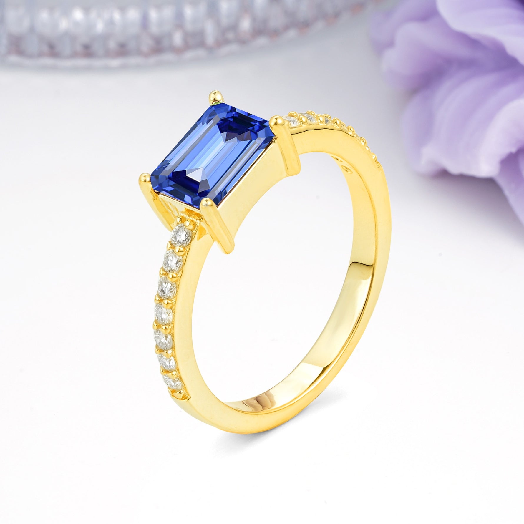 Distinctive And Luxurious 4-Prong Emerald Cut Sapphire Engagement Rin - Additional view
