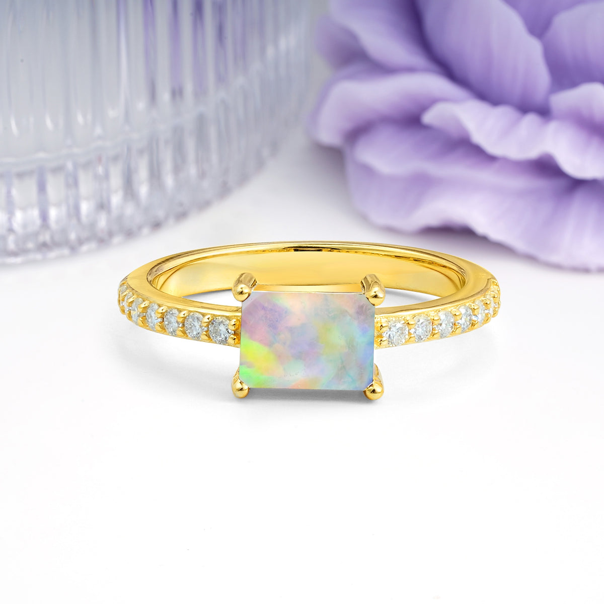 Distinctive And Luxurious 4-Prong Emerald Cut Fire Opal Engagement Rin - Additional view
