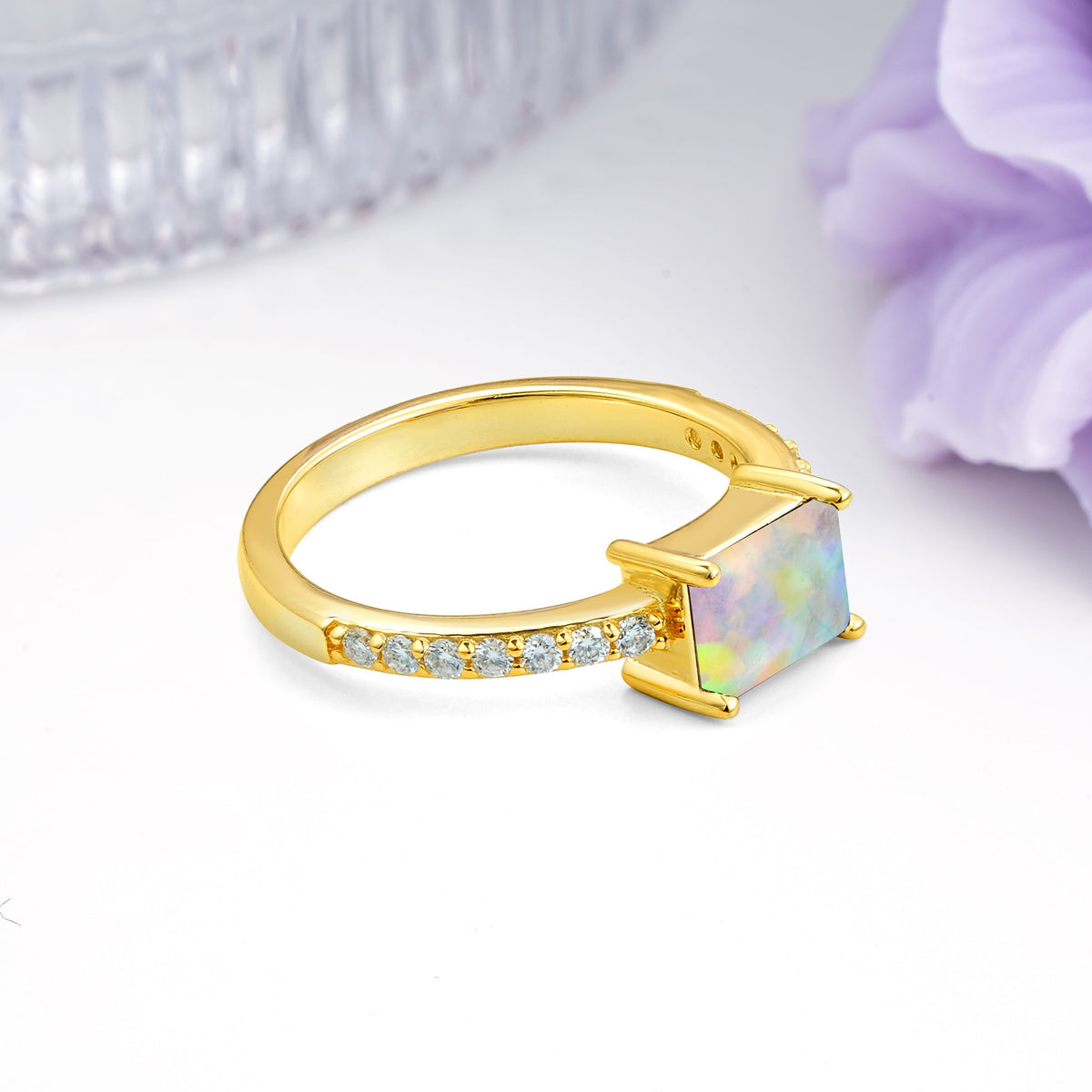 Distinctive And Luxurious 4-Prong Emerald Cut Fire Opal Engagement Rin - Additional view