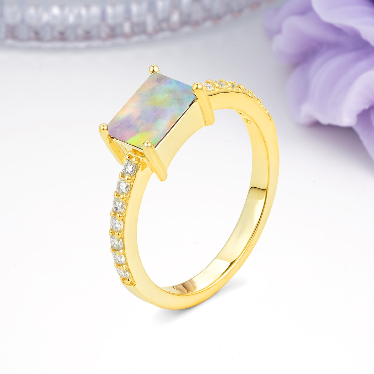Distinctive And Luxurious 4-Prong Emerald Cut Fire Opal Engagement Rin - Additional view