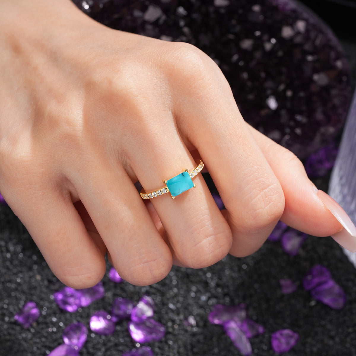 Distinctive And Luxurious 4-Prong Emerald Cut Turquoise Engagement Rin - Additional view
